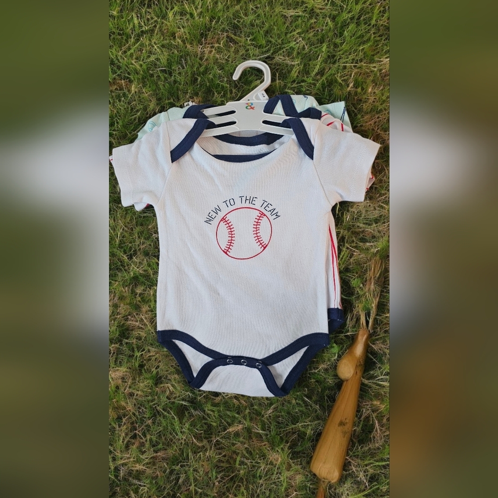 Baseball Themed White and Blue Baby Onesie
